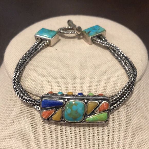 BARSE Sterling Silver Turquoise Coral Lapis Cabochon Thai Weave Toggle Bracelet - Picture 11 of 15